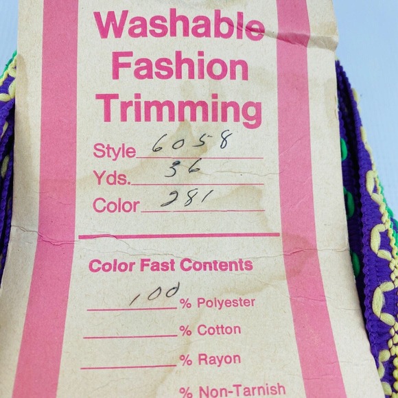Vintage Wyla Trim Washable Polyester Fashion Trimming Purple Yellow Green 36 yds - Picture 3 of 4